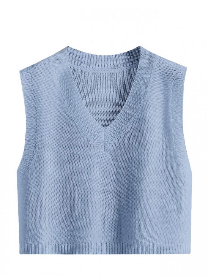 Women's Knit Sweater Vest Women Crop Y2K Sweater Vests V Neck Sleeveless JK Uniform Pullover Knitwear Tops 