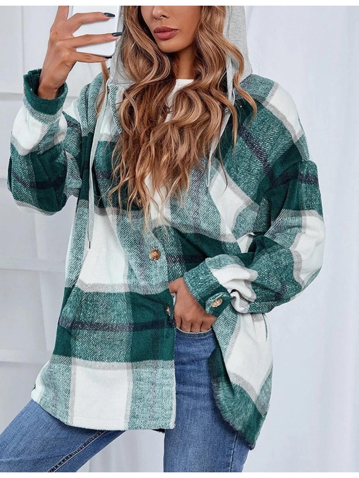 Womens Casual Plaid Hooded Shacket Flannel Jacket Button Down Shirt Hoodie 