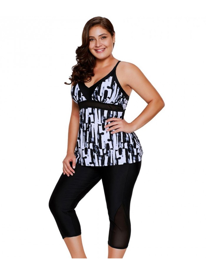 Women's Plus Size Rash Guard Capris Tankini Athletic Swimwear 