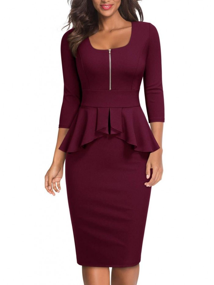 Women's Retro Square Neck Ruffle Style Slim Business Pencil Dress 