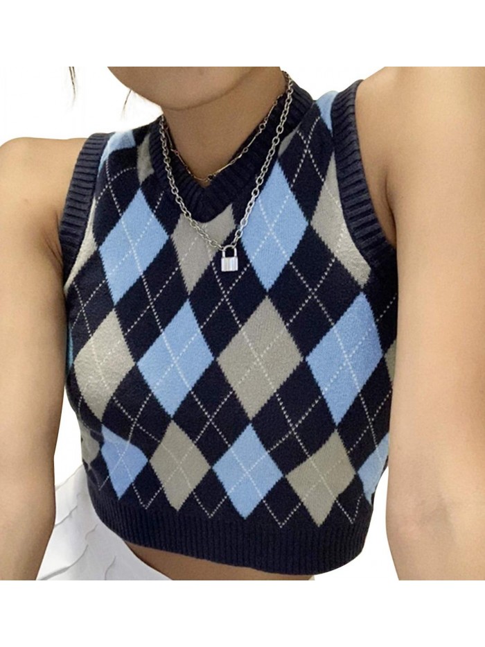 Sweater Vest Argyle Plaid Crop Sweaters Sleeveless Preppy Style Tank Tops 