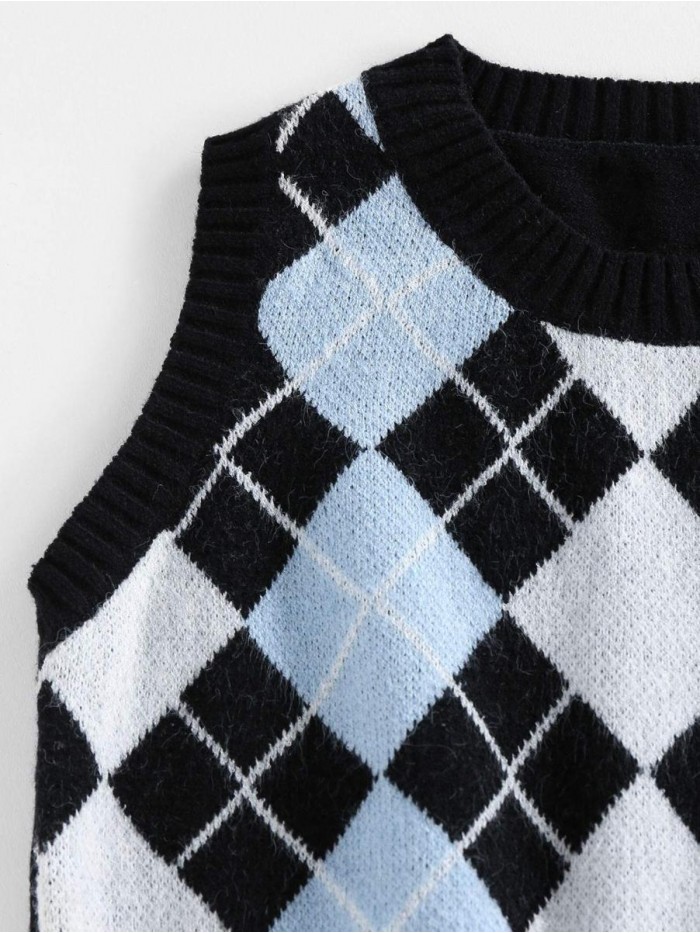 Women's V-Neck Sweater Vest Sleeveless Houndstooth Pullover Knitted Sweater 