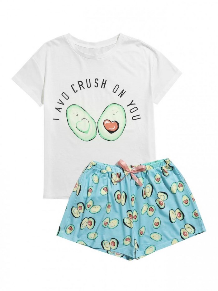 Women's Cute Cartoon Print Tee and Shorts Pajama Set 