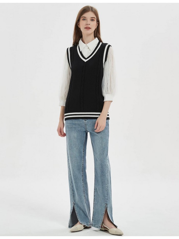 Women's V Neck Sweater Vest Uniform Cable Knit Sleeveless Sweater 