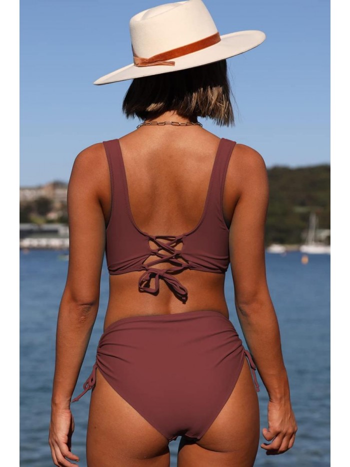 High Waisted Bikini Twist Front Tie Back 2 Piece Swimsuits 