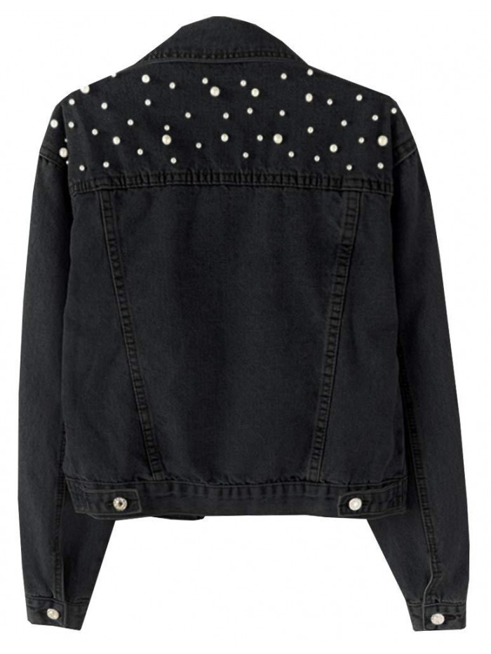 Women Oversized Denim Jacket Embroidered Pearls Beading Jeans Coat 