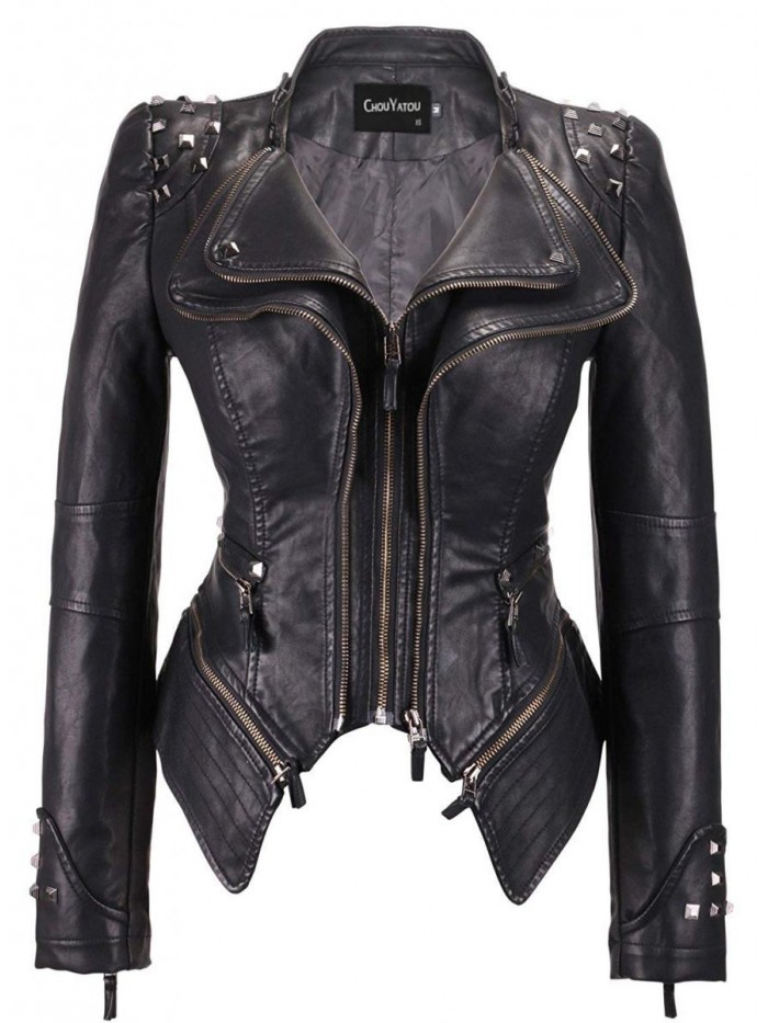 Women's Fashion Studded Perfectly Shaping Faux Leather Biker Jacket 