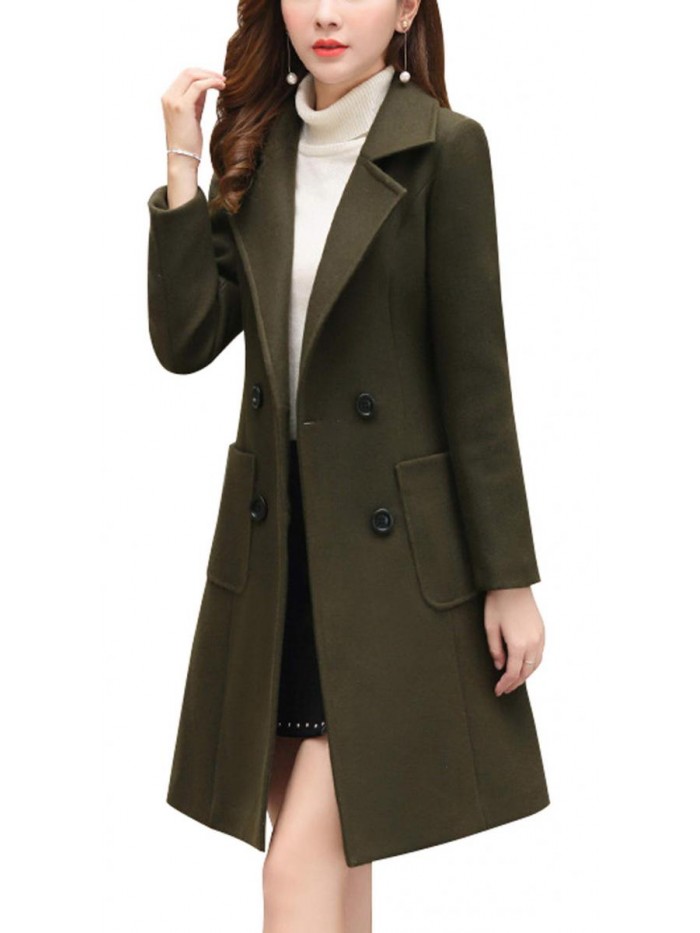 Women Elegant Notched Collar Double Breasted Wool Blend Over Coat 