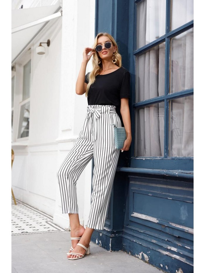 KARIN Women Ruffled High Waist Casual Pants Cropped Striped Pants 