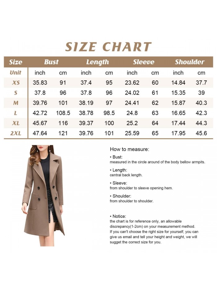 Women Elegant Notched Collar Double Breasted Wool Blend Over Coat 