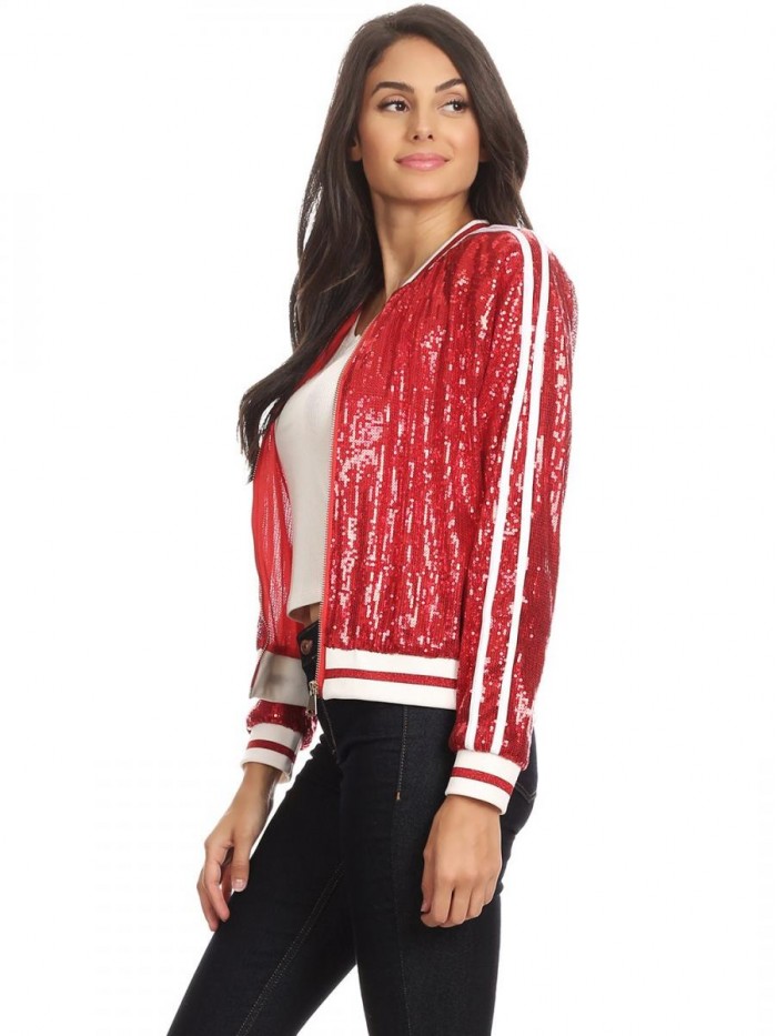 Womens Long Sleeve Front Zip Track Stripe Sequin Bomber Jacket 