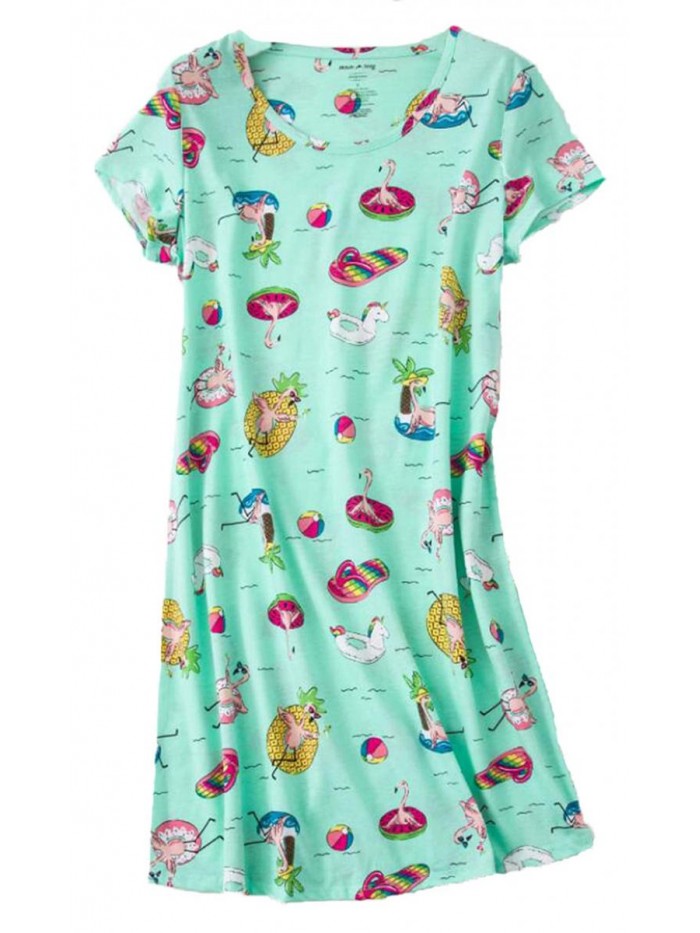 Women's Cotton Nightgown Sleepwear Short Sleeves Shirt Casual Print Sleepdress 