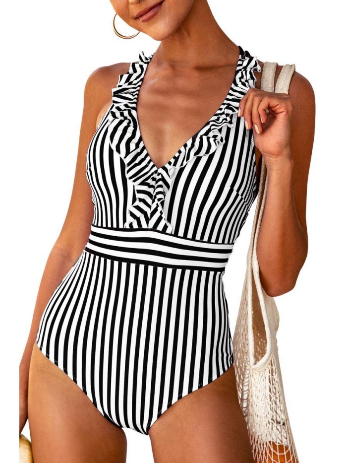 Women's V Neck One Piece Swimsuit Ruffled Back Cross Swimwear 