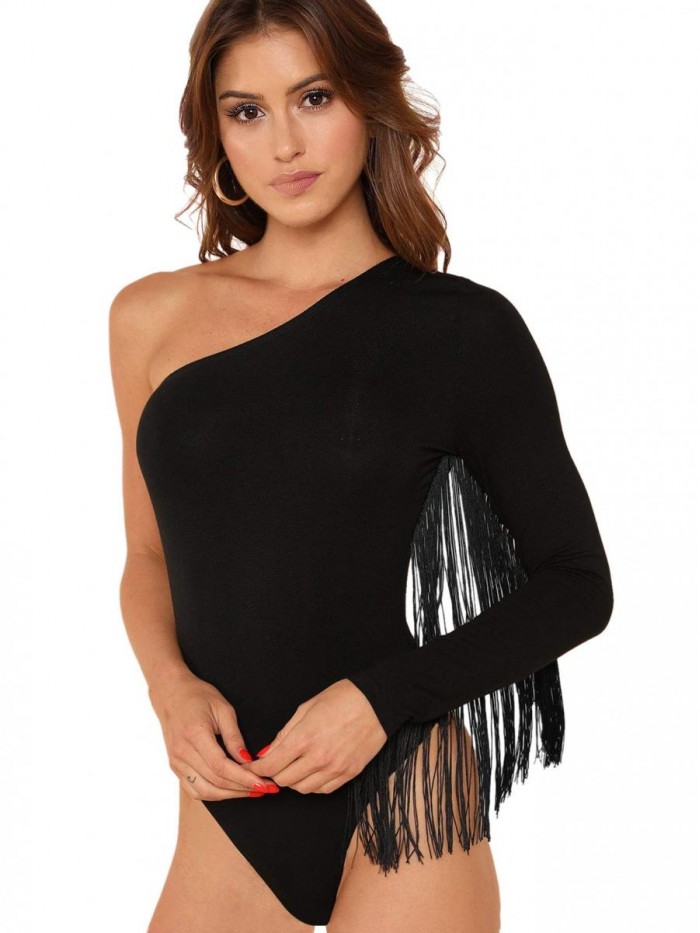 Verdusa Women's Fringe Trim One Shoulder Long Sleeve Bodysuit Top