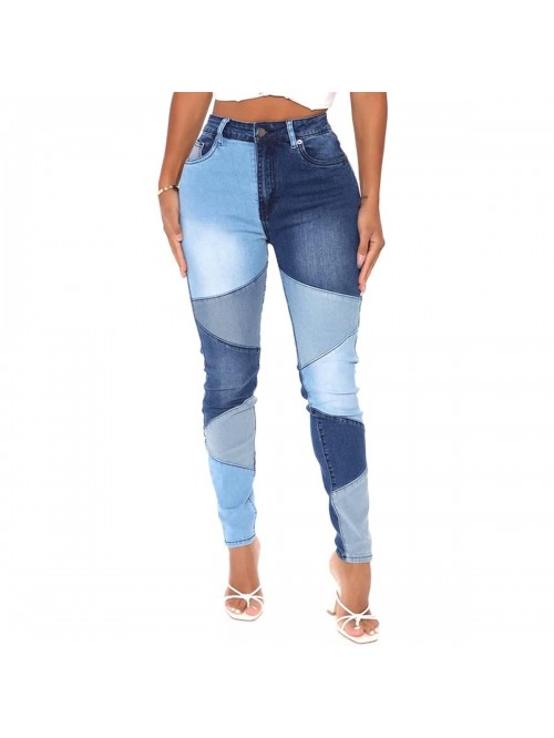 Women Mid Waist Stretchy Patchwork Denim Pants Jea...