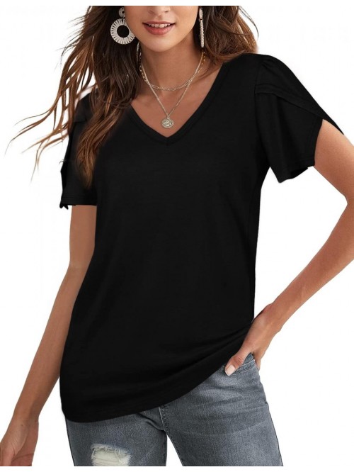 Summer Tshirts for Women V Neck Petal Sleeve Tops ...