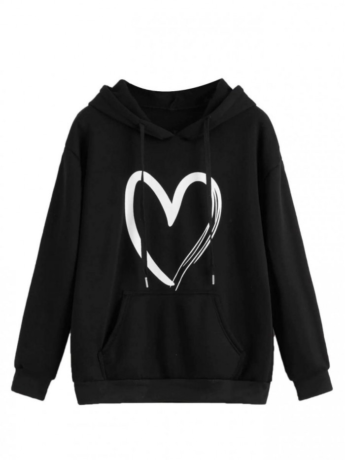 Women's Casual Heart Print Long Sleeve Pullover Hoodie Sweatshirt Tops 