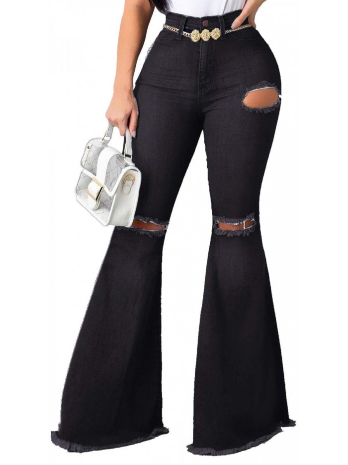 Elastic Ripped Hole Classic Denim Bell Bottom Jeans 