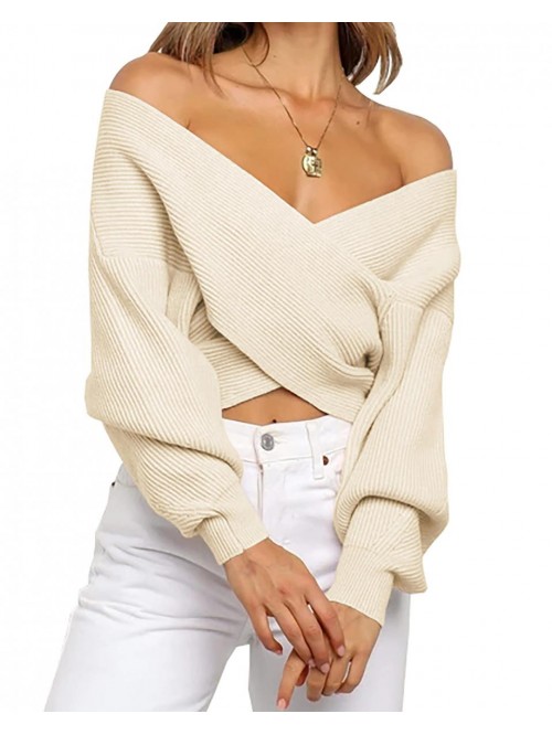 Women Casual V Neck Long Sleeve Sweaters Cross Wra...