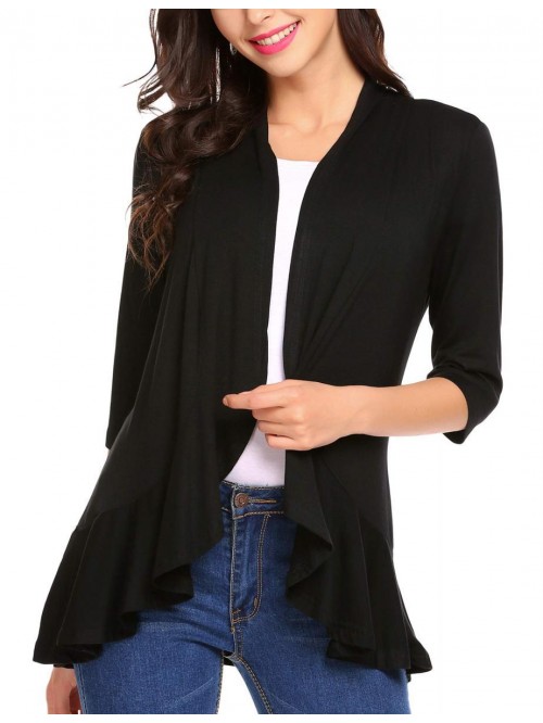 Women's Open Front Cardigan 3/4 Sleeve Draped Ruff...