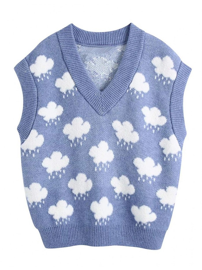 Womens Cloud Print Knit V Neck Sleeveless Pullover Sweater Vest 