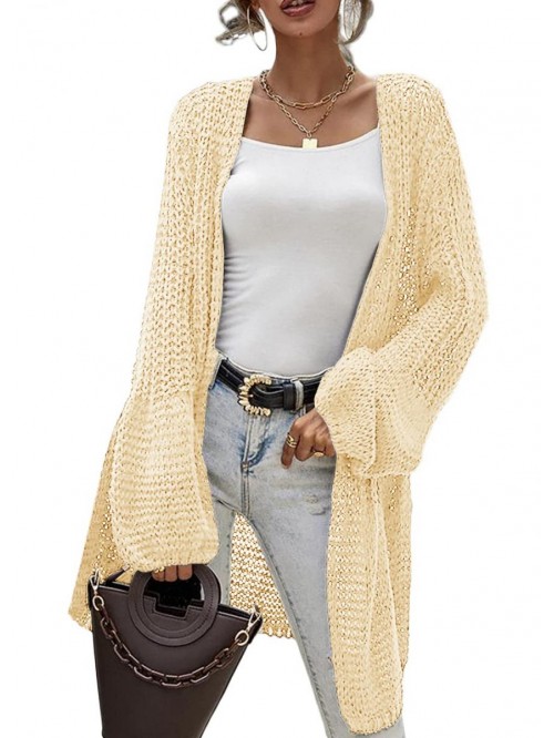 Women's Crochet Knit Cardigans Lantern Sleeve Holl...