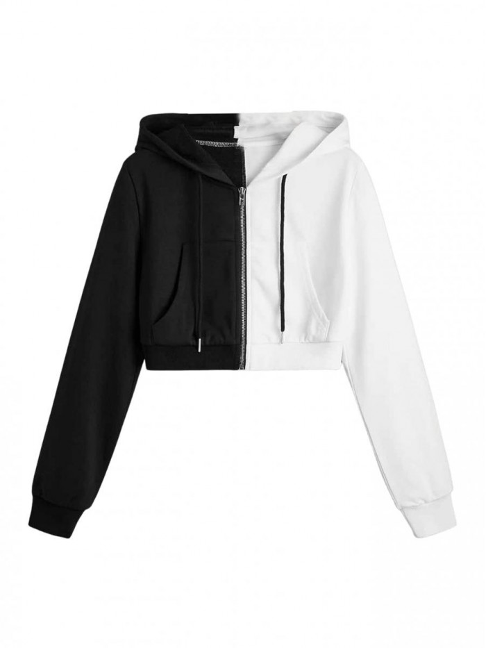 Women's Casual Full Zip Crop Top Hoodie Sweatshirt Jacket 