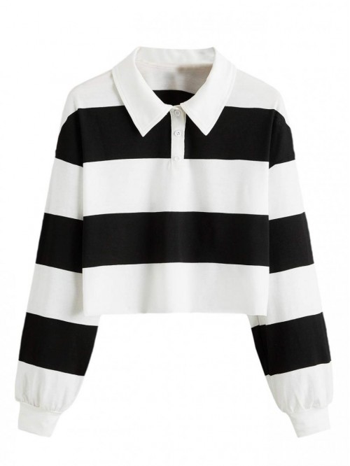 Women's Long Sleeve T-Shirt Button Front Striped P...