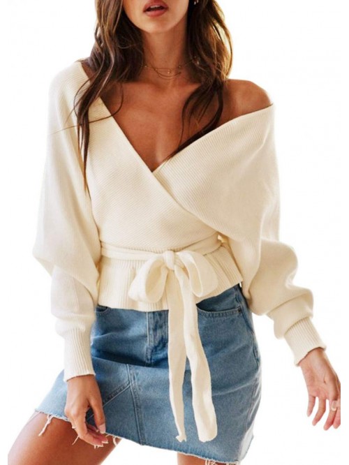 Women's Wrap V Neck Long Batwing Sleeve Belted Wai...