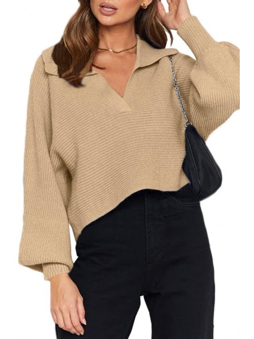 Women Overized Puff Long Sleeve V Neck Knitted Pol...