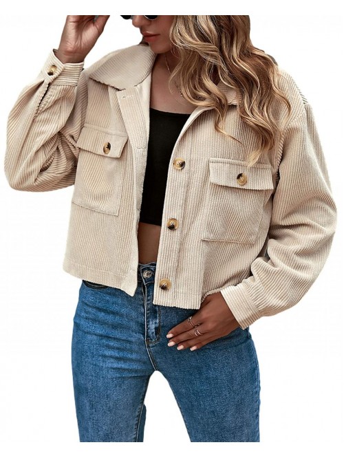 Women's Fashion Cropped Shacket Button Down Cordur...