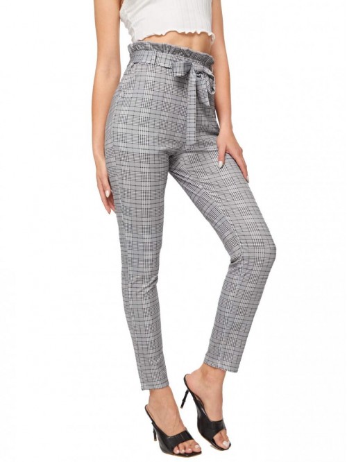 Women's Stretchy Plaid Print Pants Soft Skinny Reg...