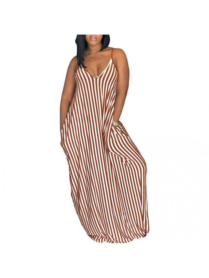 Casual Stripe Long Maxi Dresses with Pockets Spaghetti Strap Sleeveless Loose Beach Sundress 