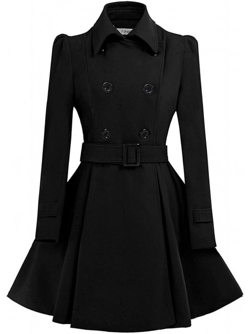 Women Swing Double Breasted Wool Pea Coat with Bel...