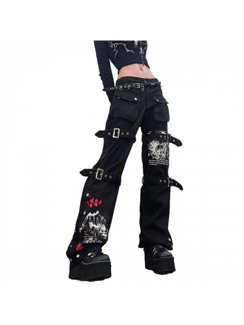 Women Y2K High Waisted Jeans Gothic Baggy Denim Pa...