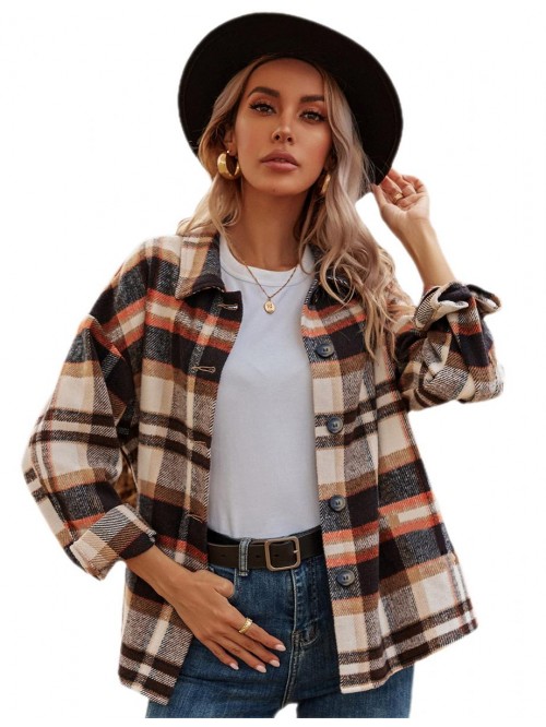 Womens Retro Wool Blend Plaid Long Sleeve Lapel Bu...