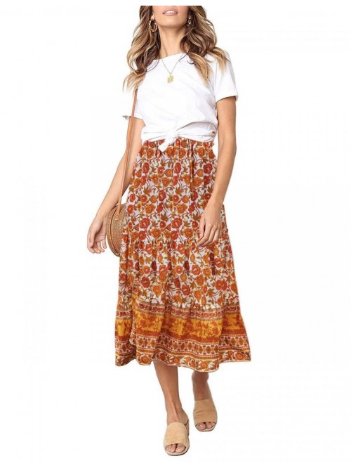 Women's Boho Floral Print Elastic High Waist Pleat...