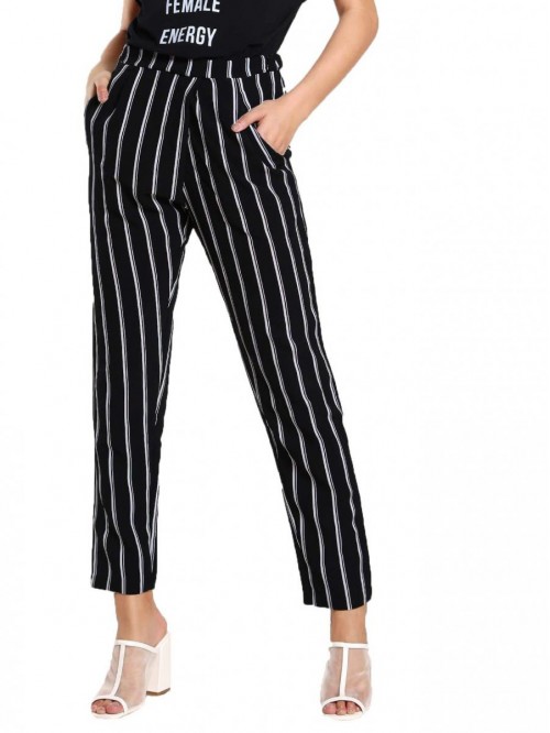 Women's Striped Elastic High Waist Slim Fit Loose ...