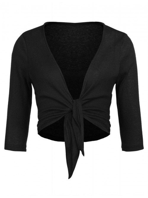 Women's Tie Front Shrug Cropped Bolero 3/4 Sleeve ...