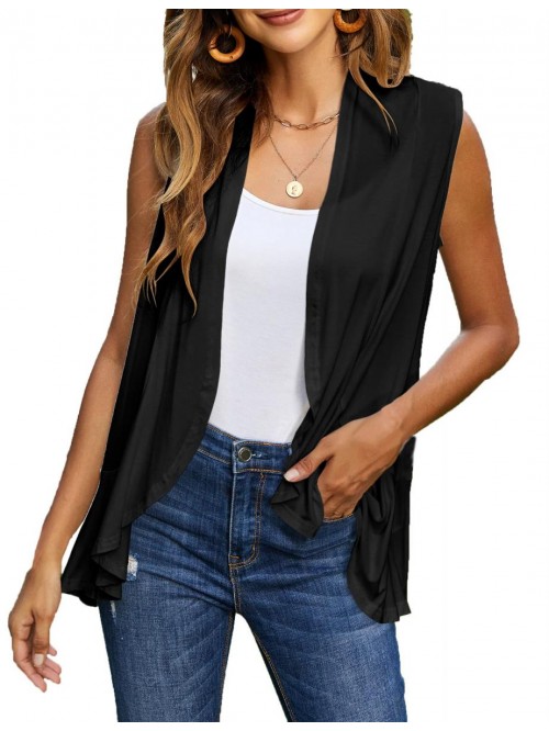 Women's Sleeveless Draped Open Front Cardigan Ruff...