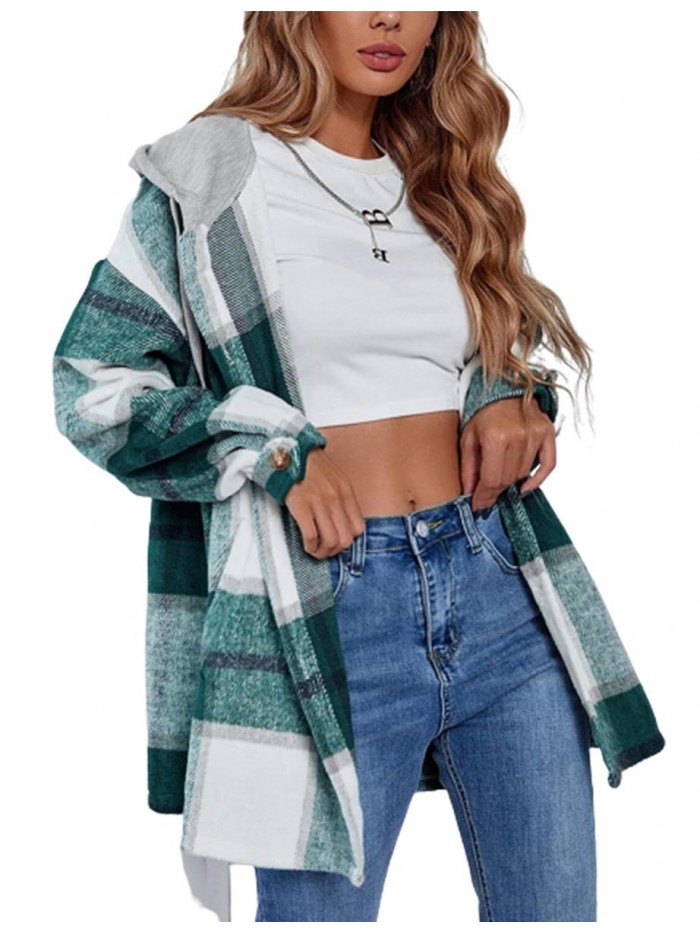 Womens Casual Plaid Hooded Shacket Flannel Jacket Button Down Shirt Hoodie 