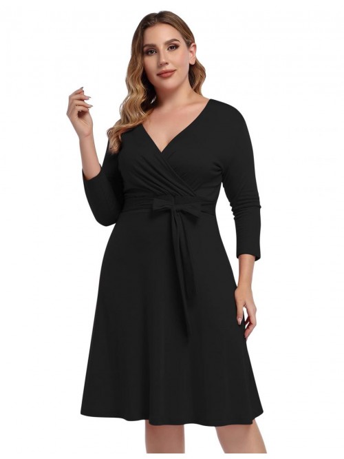 PLUS Womens V-Neck 3/4 Sleeve A Line Midi Faux Wra...