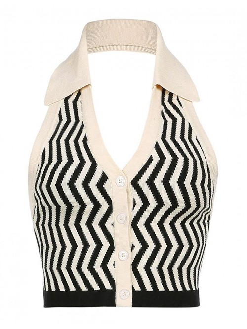 Women's Knitted Halter Tank Tops Striped Sleeveles...