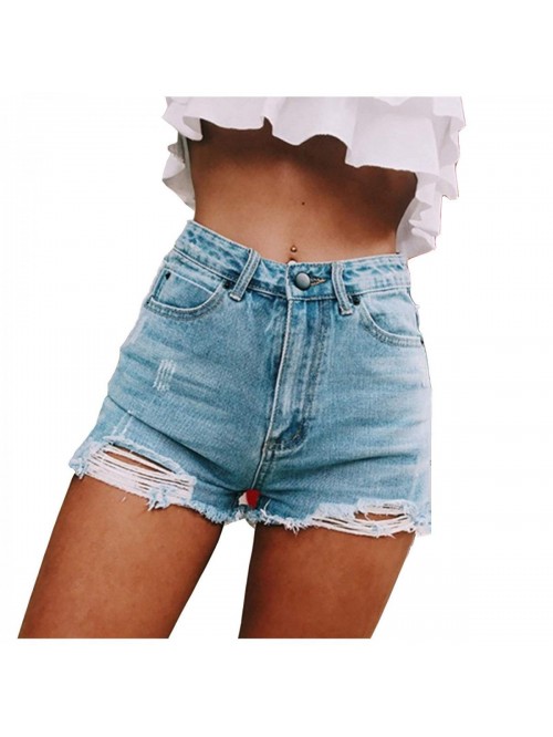 Frayed Hem Denim Shorts High Waist Stretchy Cutoff...