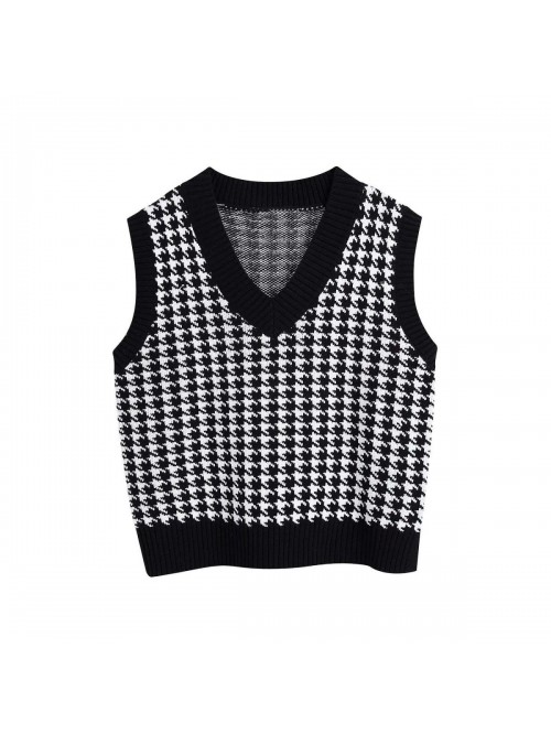 Women Houndstooth Pattern Knit Sweater Vest Sleeve...