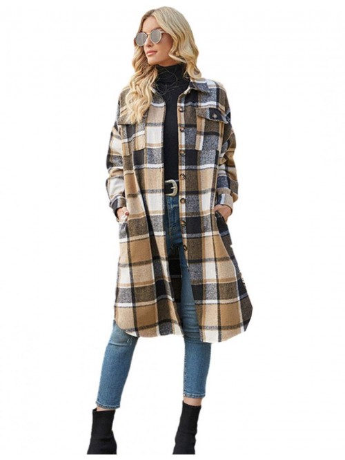 Women's Casual Lapel Button Down Long Plaid Shirt ...