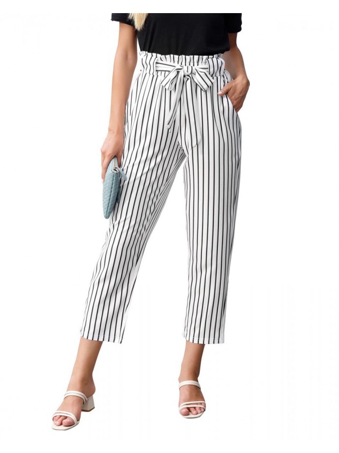 KARIN Women Ruffled High Waist Casual Pants Cropped Striped Pants 