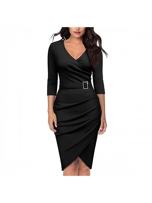 Classic Wrap V Neck Pleated Dress Casual 3/4 Sleev...