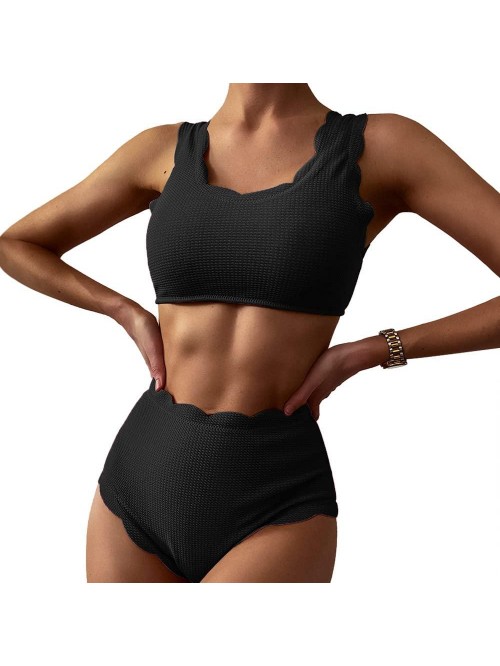 Women's High Waisted Tankini Set, Scalloped Trim S...