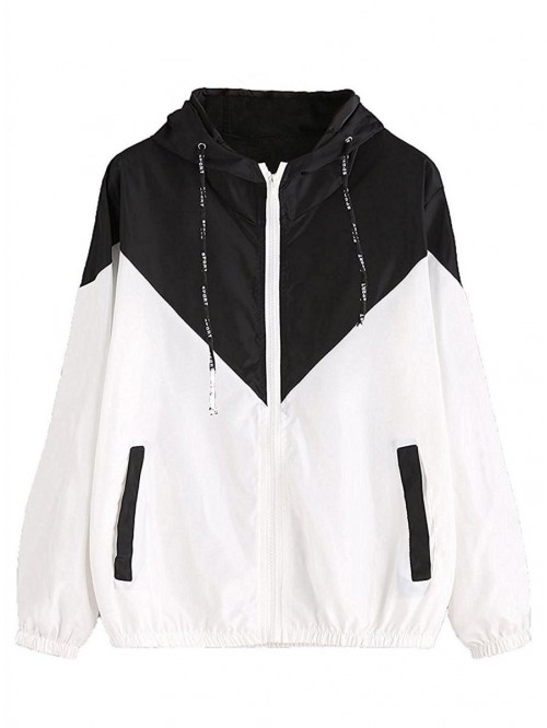 Women Color Block Drawstring Hooded Zip Up Sports ...